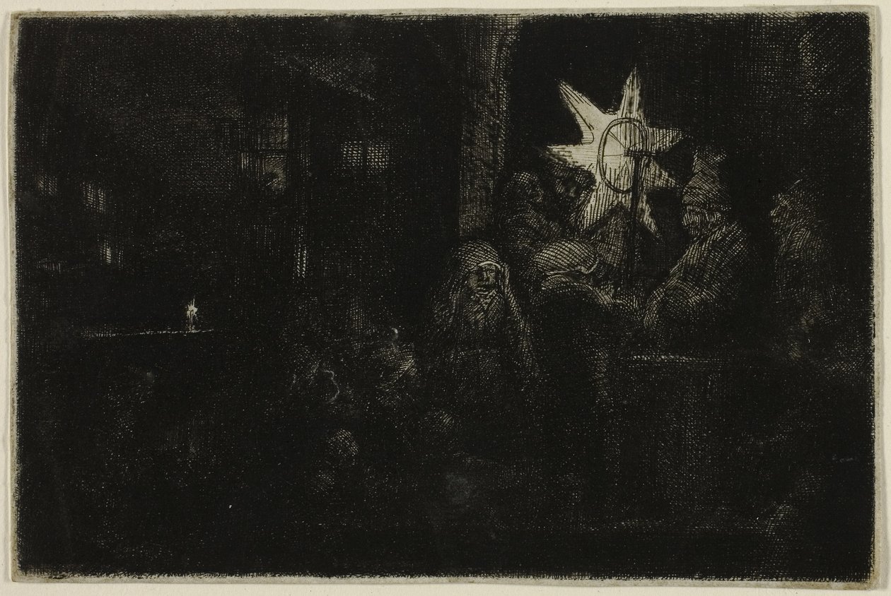 The Star of the Kings: A Night Piece, n. 1651 (etsaus, kuivakärki ja kaiverrus norsunluupaperille) tekijältä Rembrandt Harmensz. van Rijn