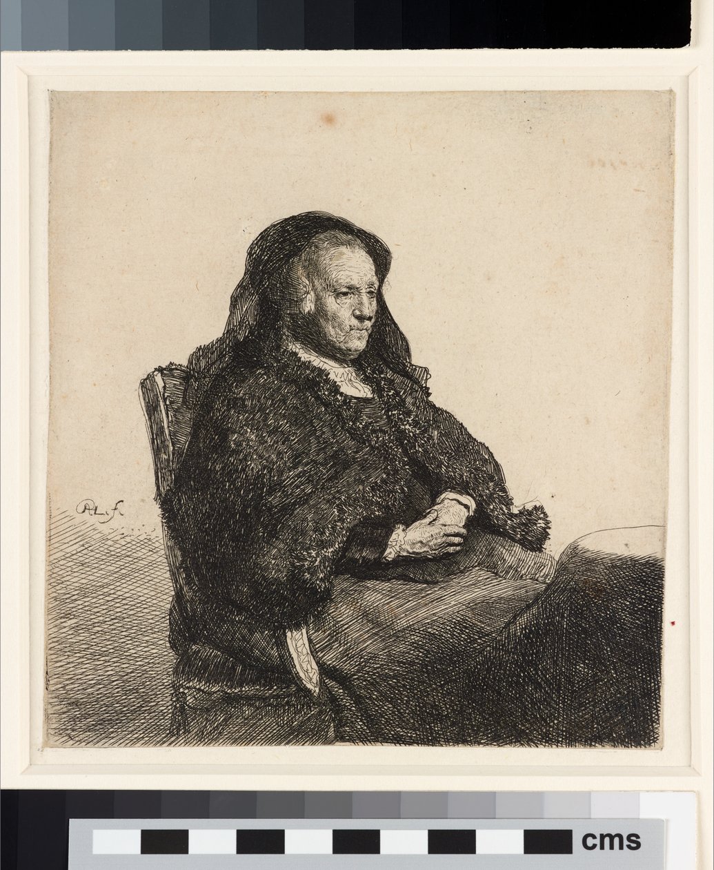 Taiteilijan äiti istuu pöydän ääressä, n. 1631 (etsaus) tekijältä Rembrandt van Rijn