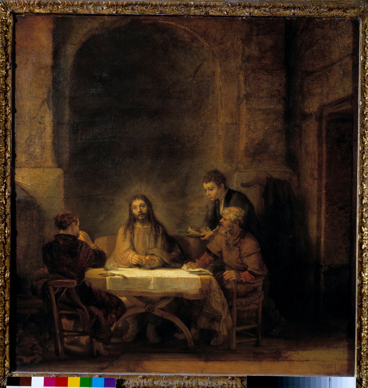 Emmauksen pyhiinvaeltajat Kristus ilmestyy pyhiinvaeltajille, jotka istuvat pöydän ääressä emmauslaisen majatalon ääressä. Harmensz van Rijn dit Rembrandtin (1606-1669) maalaus 1648 Su. 0,68x0,65 m - Emmauksen pyhiinvaeltajia kutsutaan myös Emmauksen ehtoo tekijältä Rembrandt van Rijn