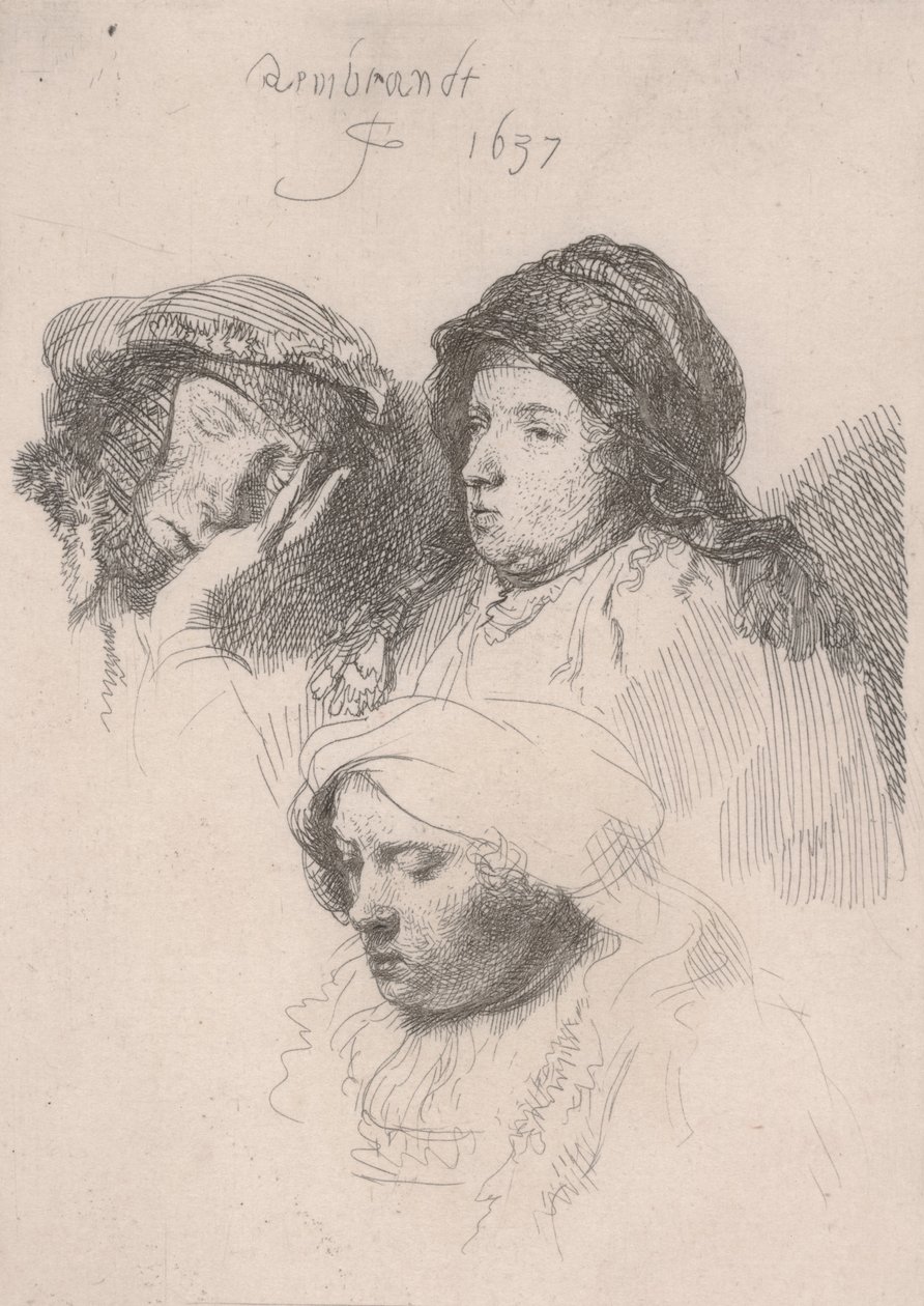 Kolme naisten päätä, yksi unessa tekijältä Rembrandt van Rijn
