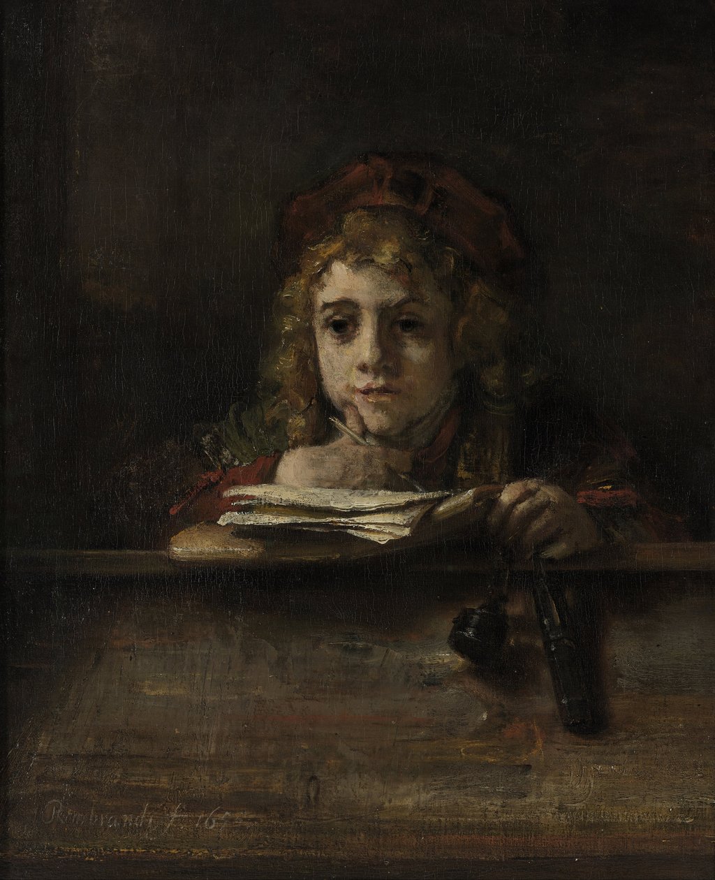 Titus työpöytänsä ääressä tekijältä Rembrandt Harmensz. van Rijn