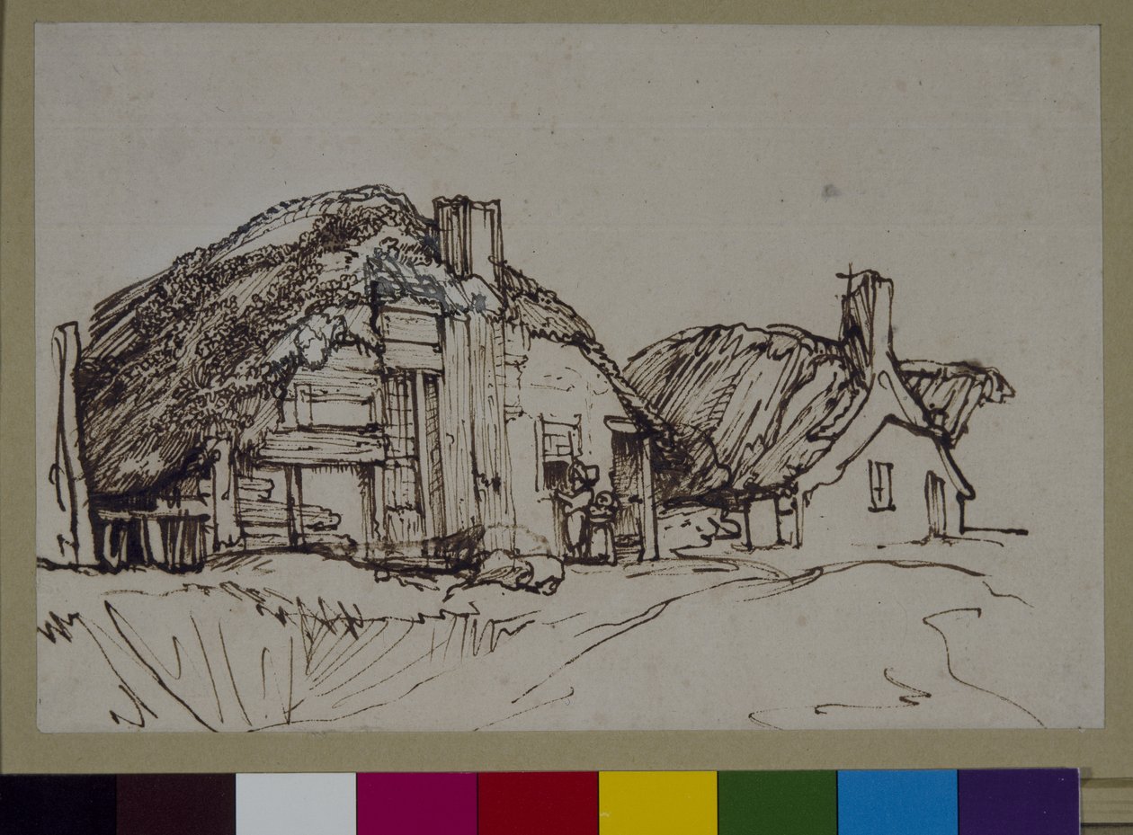 Kaksi olkikattoista mökkiä hahmoilla ikkunassa, n. 1640 (kynä ja muste paperille) tekijältä Rembrandt Harmensz. van Rijn