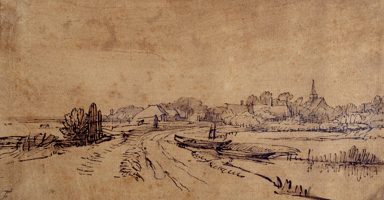 Näkymä Slotenista, n. 1650 (kynä ja muste ruskealla pesulla paperilla) tekijältä Rembrandt Harmensz. van Rijn