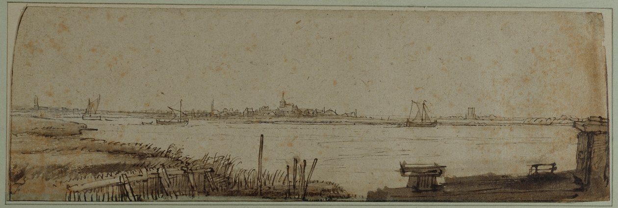 Näkymä IJ-joelle Diemerdijkistä, n. 1650 (kynä ja muste ruskealla pesulla ja valkoinen vartaloväri paperilla) tekijältä Rembrandt Harmensz. van Rijn