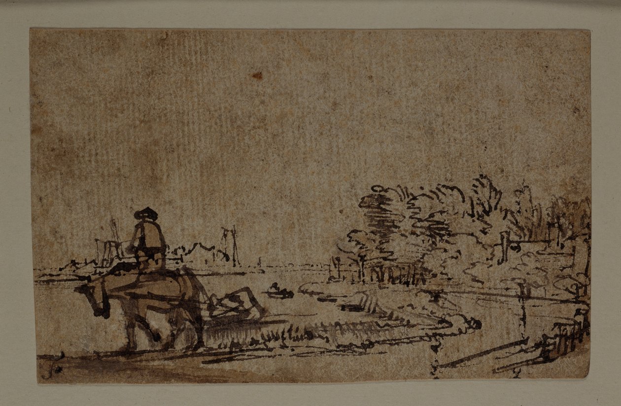 Näkymä Amstelille, hevonen hinaamassa proomua, n. 1650 (kynä ja muste ruskealla pesulla paperilla) tekijältä Rembrandt Harmensz. van Rijn