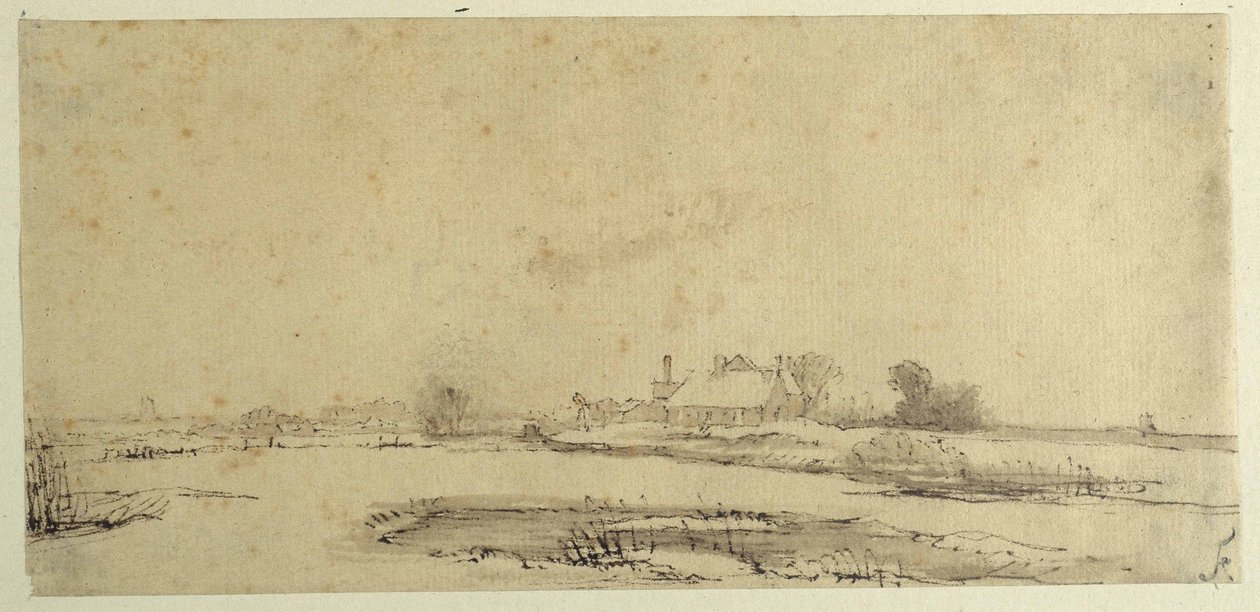 Vesi, niityt ja maatila (kynä ja muste paperille) tekijältä Rembrandt Harmensz. van Rijn