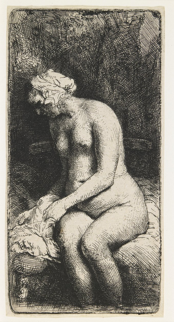 Nainen kylpemässä jalkojaan purossa tekijältä Rembrandt van Rijn