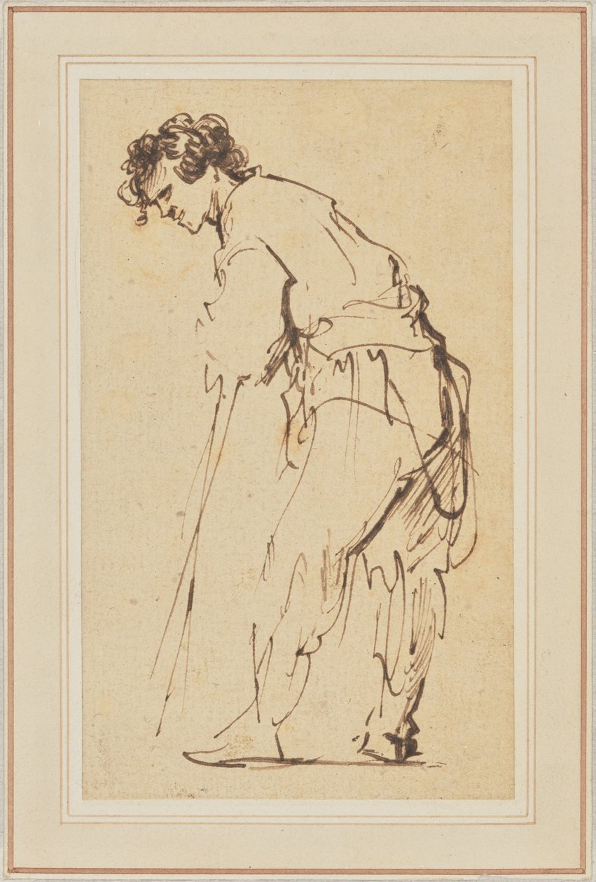 Nuori mies nojaa keppiin tekijältä Rembrandt Harmensz. van Rijn