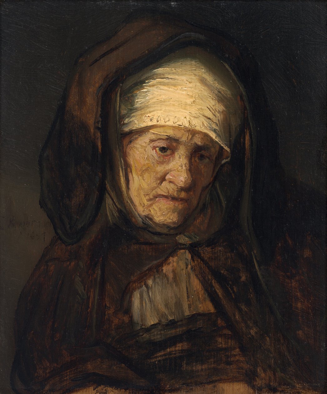 Ikääntyneen naisen pää tekijältä Rembrandt Workshop