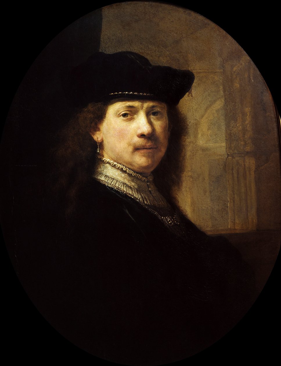 Omakuva arkkitehtonisella taustalla, n. 1639. tekijältä Rembrandt van Rhijn,