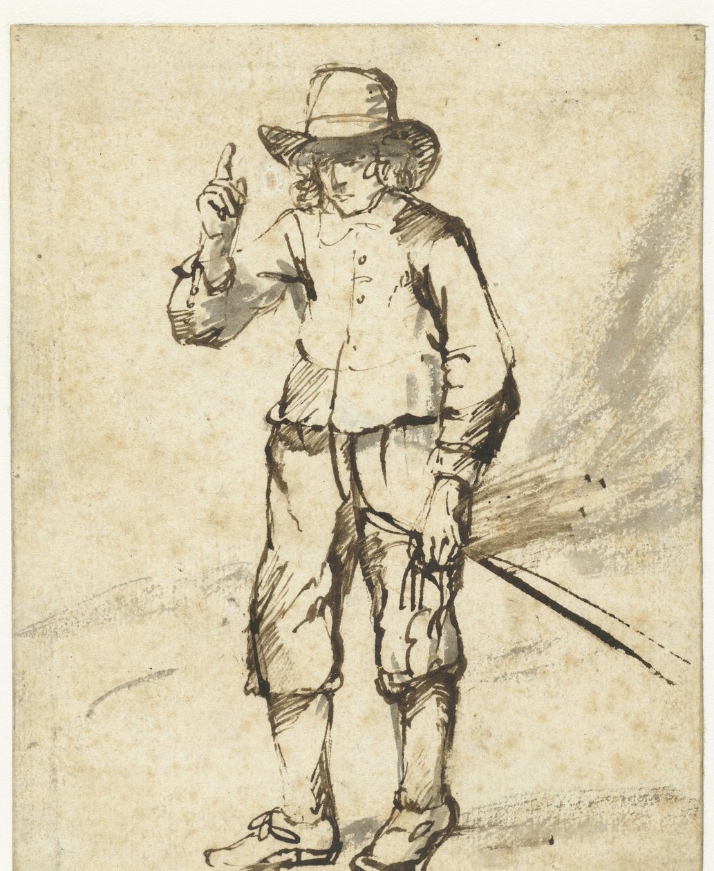 Poika seisomassa piiskalla ja nostamassa oikeaa kättään tekijältä Rembrandt van Rijn (school of)