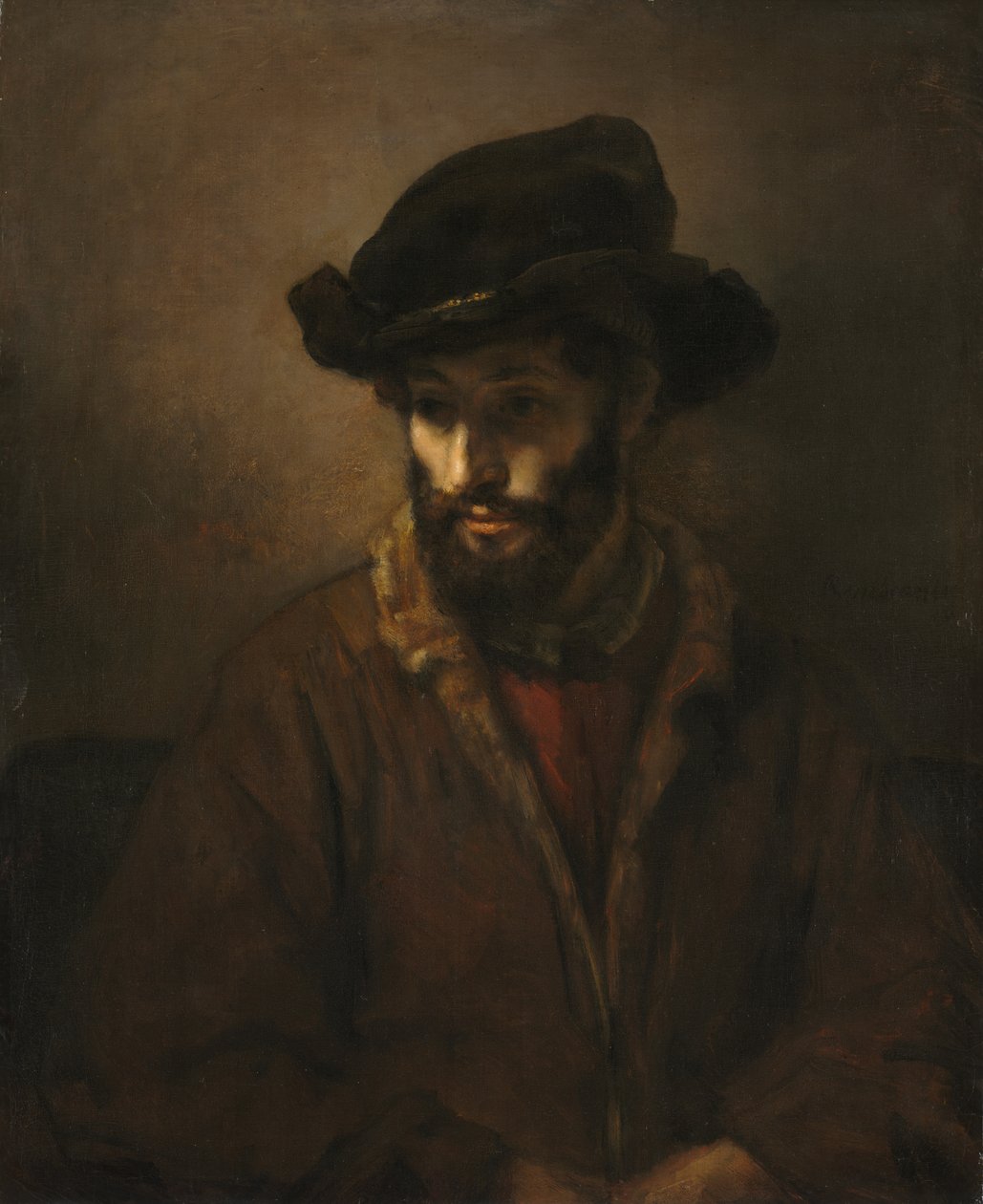Parrakas mies, jolla on hattu tekijältä Rembrandt van Rijn