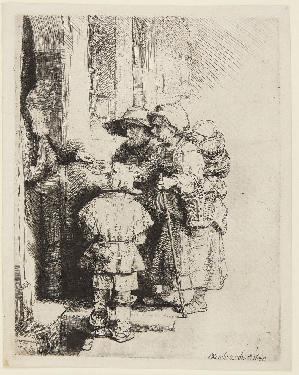 Sokea hurdy-gurdy-soittaja ja hänen perheensä saavat almuja tekijältä Rembrandt van Rijn