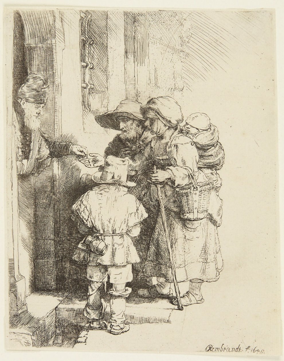 Sokea hurdy-gurdy-soittaja ja hänen perheensä saavat almuja tekijältä Rembrandt van Rijn