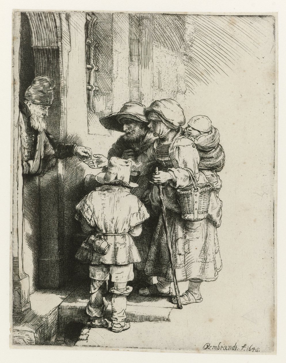 Sokea urkkilainen pelaaja ja hänen perheensä Sokea hurdy-gurdy pelaaja ja perhe, joka saa almua tekijältä Rembrandt van Rijn