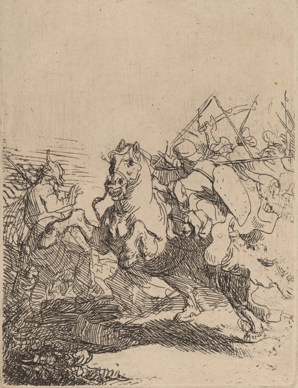 Ratsuväkitaistelu, n. 1632. tekijältä Rembrandt van Rijn