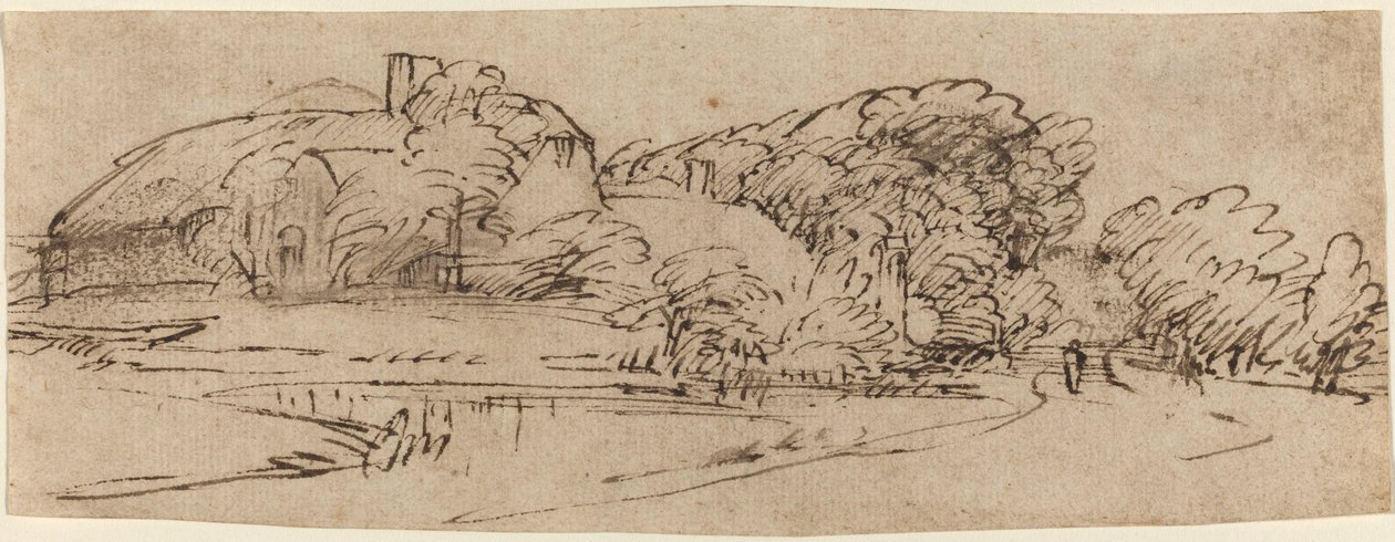 Maisema maatilarakennuksilla puiden keskellä tekijältä Rembrandt van Rijn