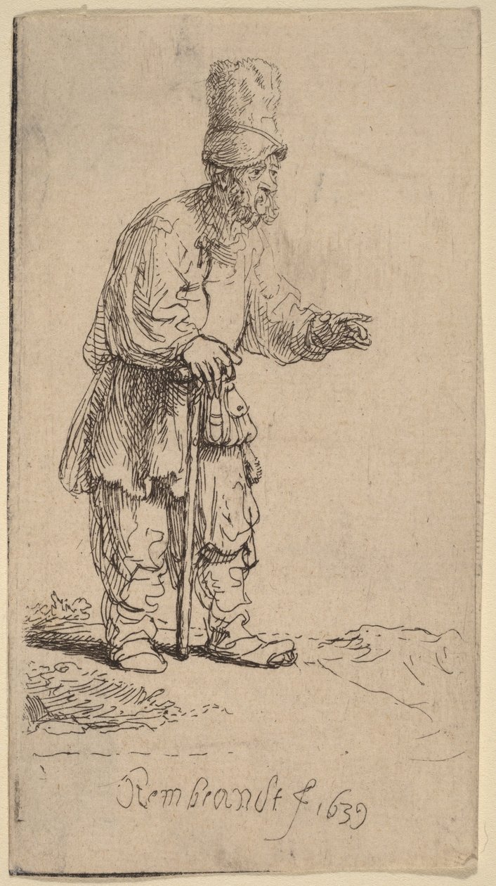 Korkealakinen talonpoika, joka seisoo keppiin nojautuen tekijältä Rembrandt van Rijn