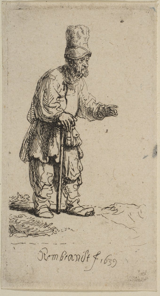 Talonpoika korkealakissa seisomassa kepissä nojaten, 1639. tekijältä Rembrandt van Rijn