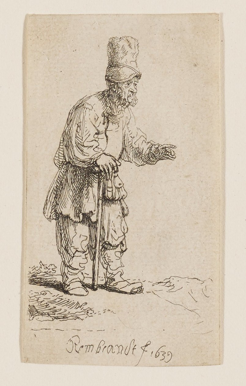 Korkealakkinen talonpoika seisomassa ja nojaamassa sauvaan tekijältä Rembrandt van Rijn