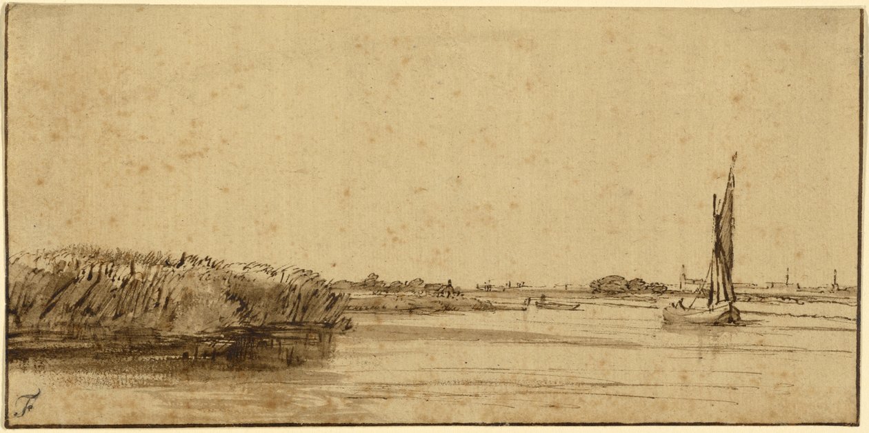 Purjevene laajalla vesialueella, n. 1650 (kynä ja ruskea muste ja ruskea pesuaine, sävytetyllä paperilla) tekijältä Rembrandt van Rijn