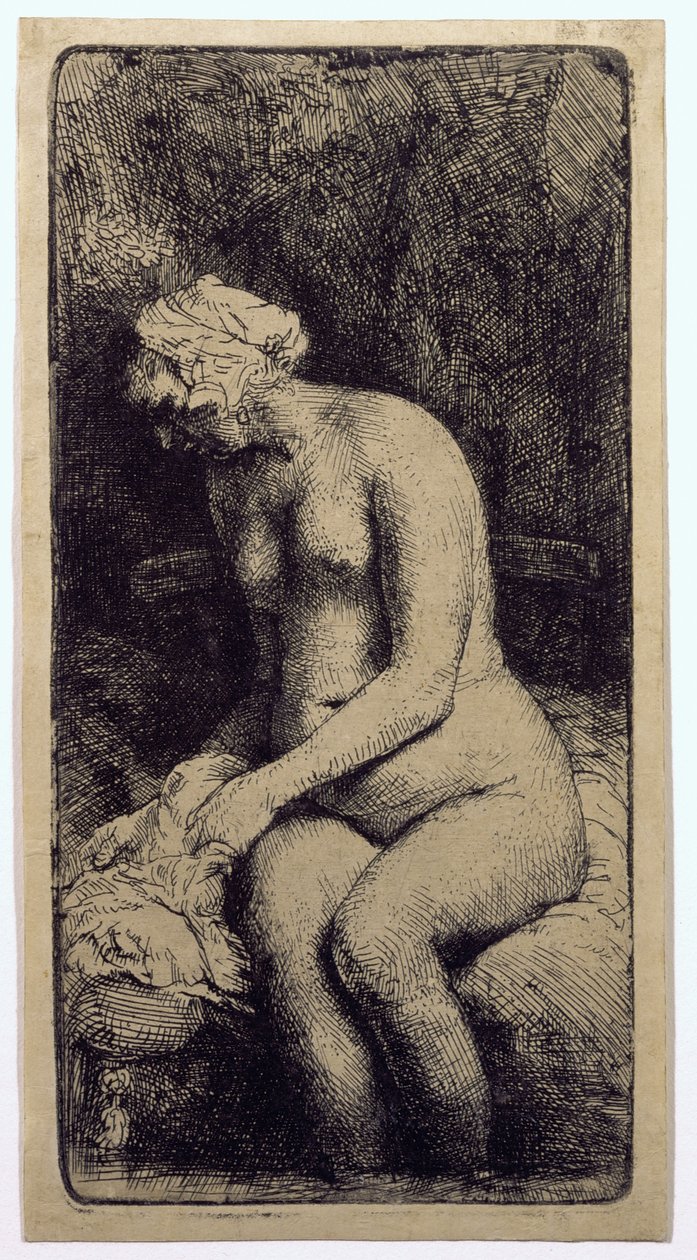Nainen uimassa jalkojaan purossa tekijältä Rembrandt van Rijn