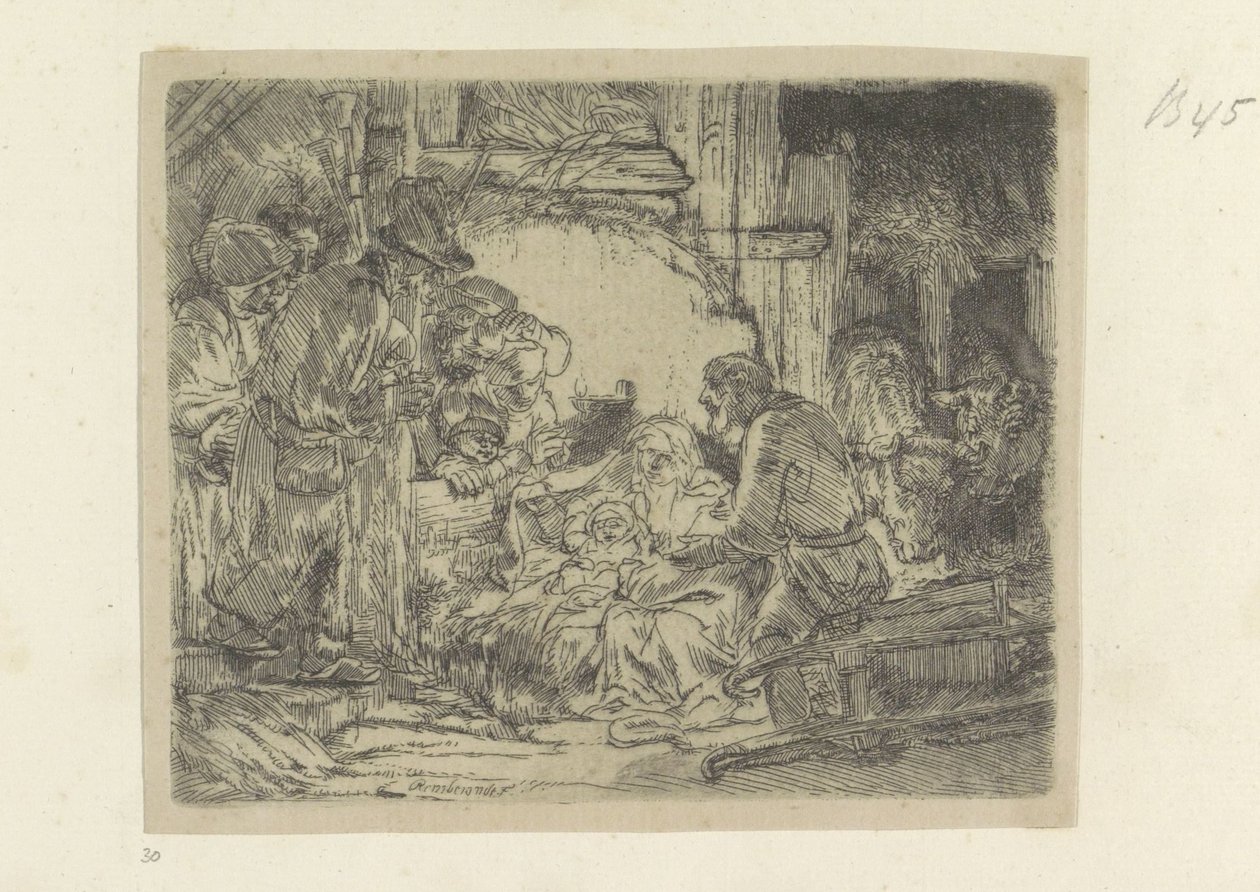 Aanbidding der herders: met de olielamp Kokoelma kahdeksankymmentäviisi alkuperäistä vedosta (sarjan nimi) tekijältä Rembrandt van Rijn