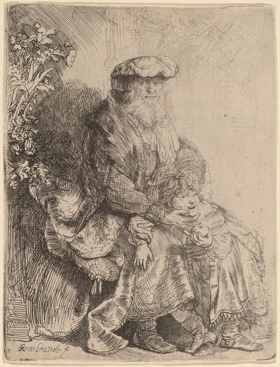 Abraham hyväilee Iisakia tekijältä Rembrandt van Rijn