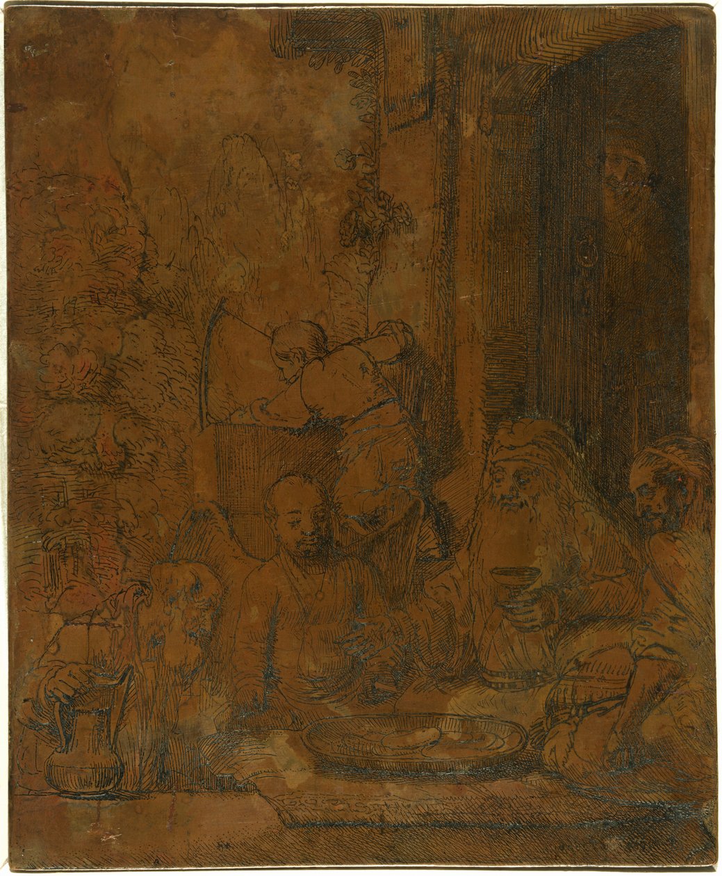 Abraham viihdyttää enkeleitä [etupuoli] tekijältä Rembrandt van Rijn