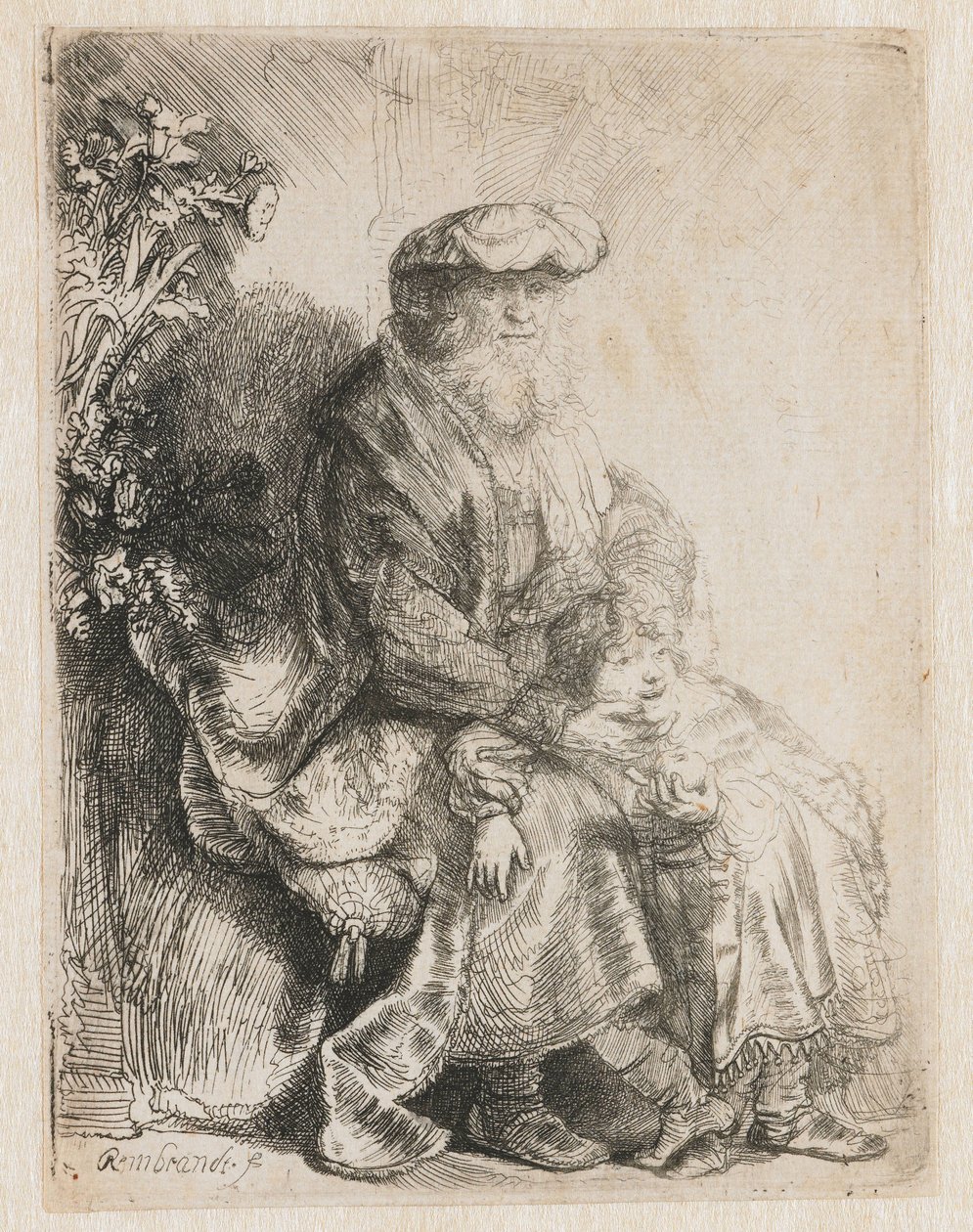 Abraham hyväilee Iisakia Jacob hyväilee Benjaminia tekijältä Rembrandt van Rijn