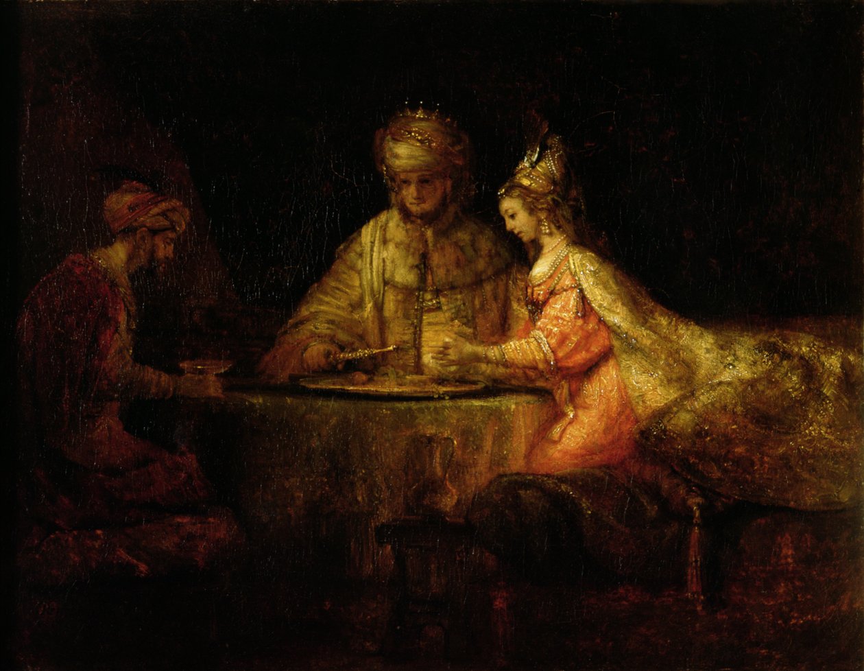 Ahasverus (Xerxes), Haman ja Ester, n. 1660 tekijältä Rembrandt van Rijn