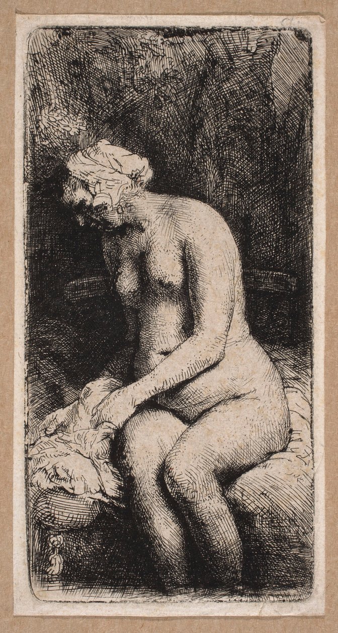 Naisen veistos, jonka ”jalat ovat vedessä” tekijältä Rembrandt van Rijn