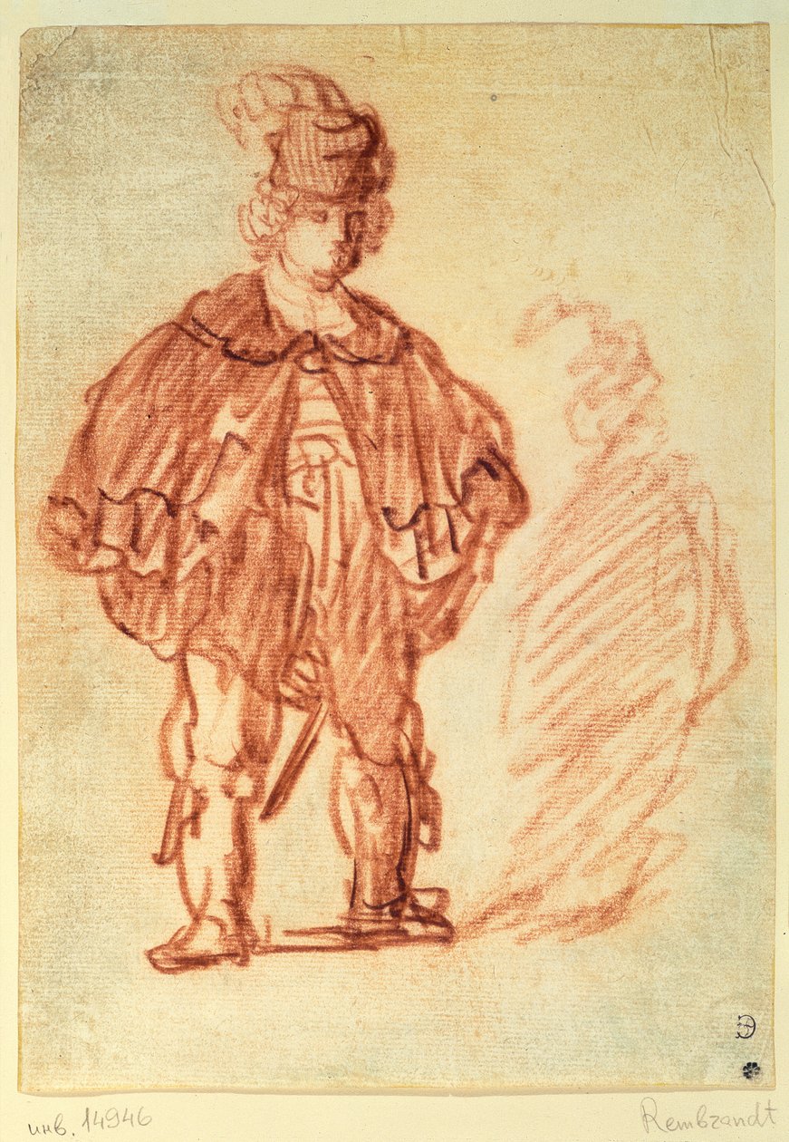 Näyttelijä seisomassa (sanguine) tekijältä Rembrandt van Rijn