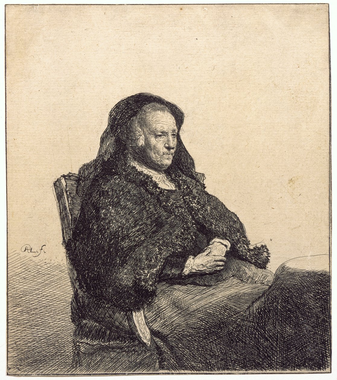 Vanhempi nainen (Rembrandtin äiti, istuu pöydässä) tekijältä Rembrandt van Rijn
