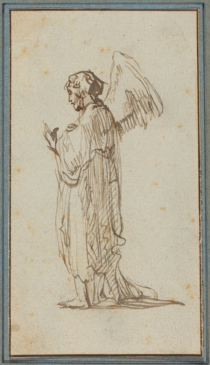 Angel Standing (kynällä ja ruskealla tussilla hiilen jälkien päällä, liimapaperilla). tekijältä Rembrandt van Rijn