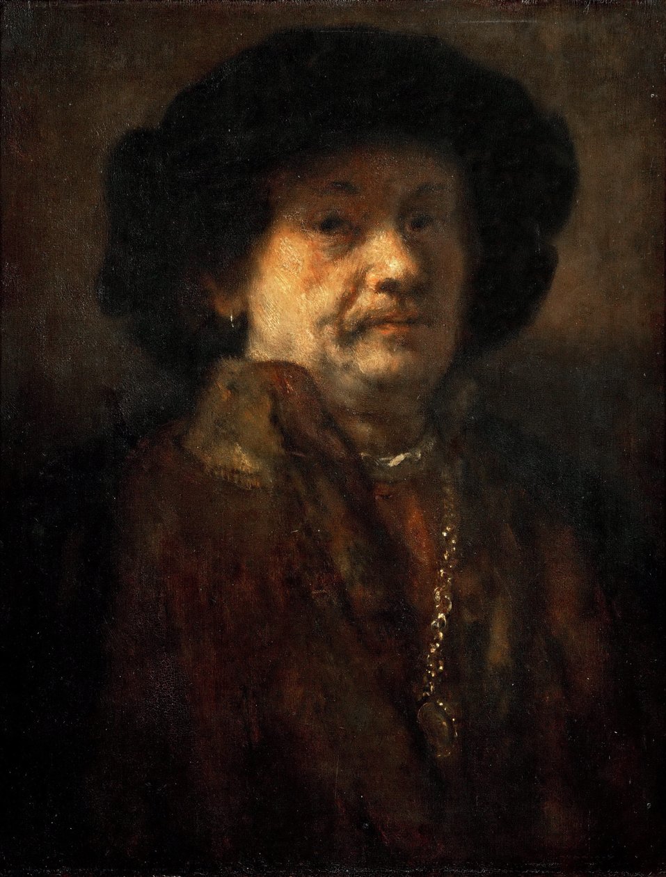 Rembrandt van Rhijnin (1606-1669) omakuva turkissa, kultaketjulla ja korvakorulla. öljy puulle tekijältä Rembrandt van Rijn