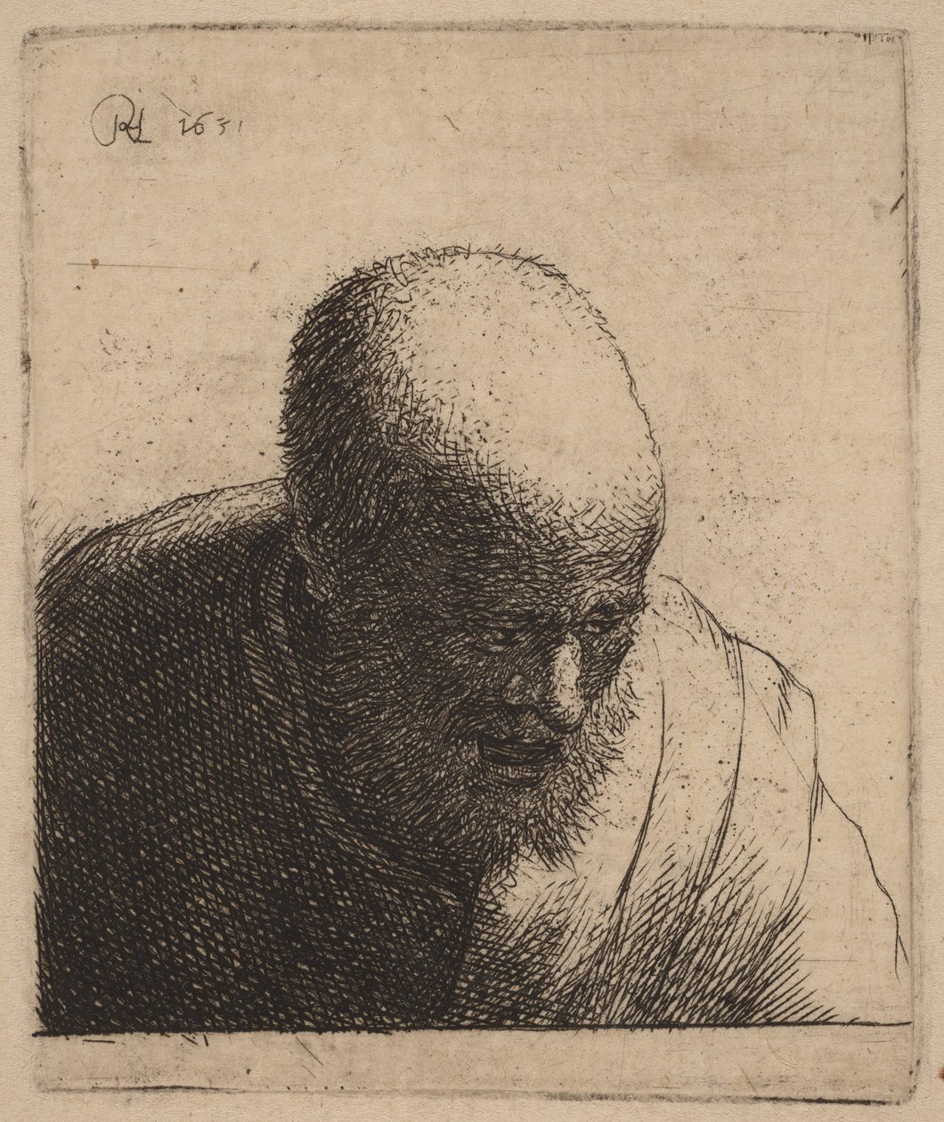Kalju mies, suu auki, katse alaspäin tekijältä Rembrandt van Rijn