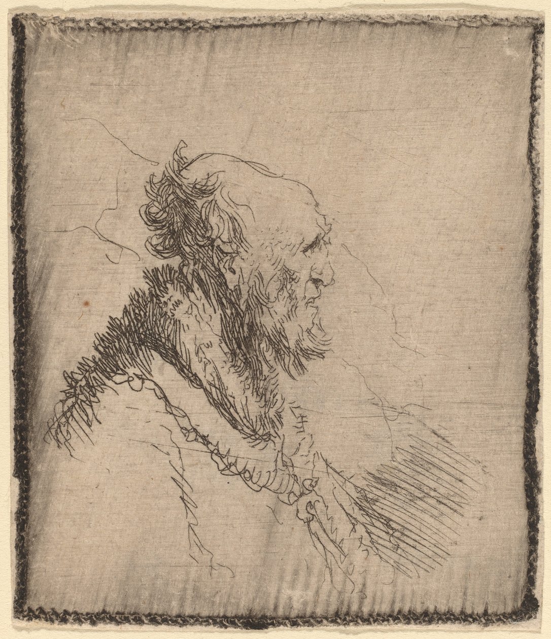 Kalju vanha mies, jolla on lyhyt parta profiilissa tekijältä Rembrandt van Rijn