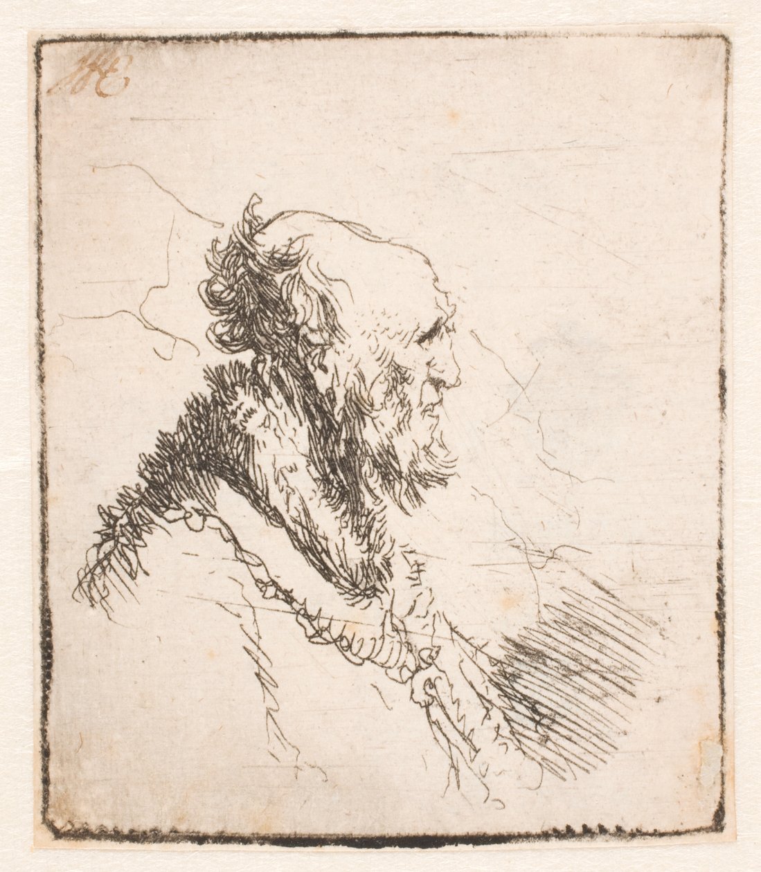 Kalju vanha mies, jolla on lyhyt parta, profiilissa oikealla tekijältä Rembrandt van Rijn