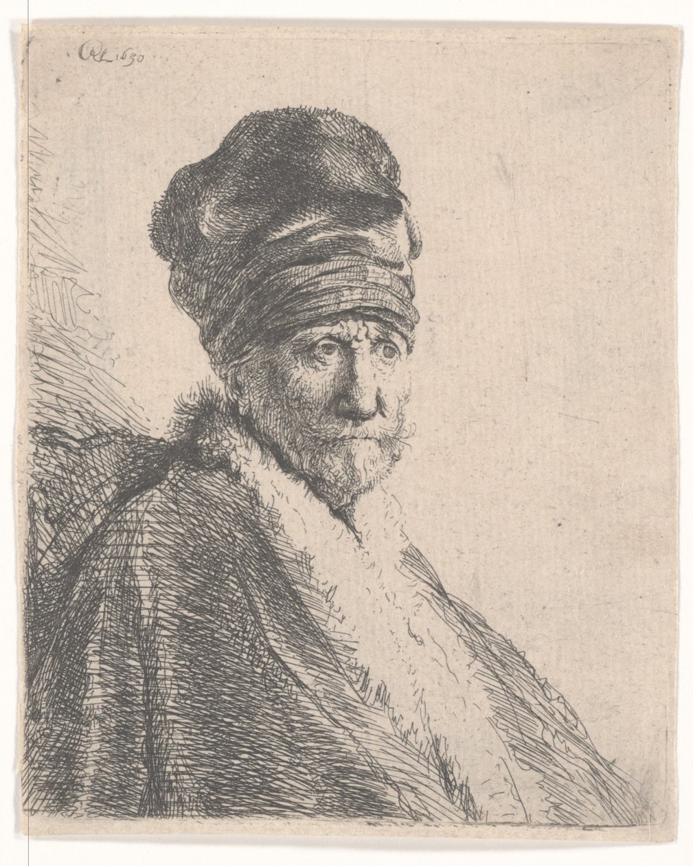 Parrakas mies karvaisessa itämaisessa lippiksessä ja kaapussa, lippalakki yllään, 1630 tekijältä Rembrandt van Rijn
