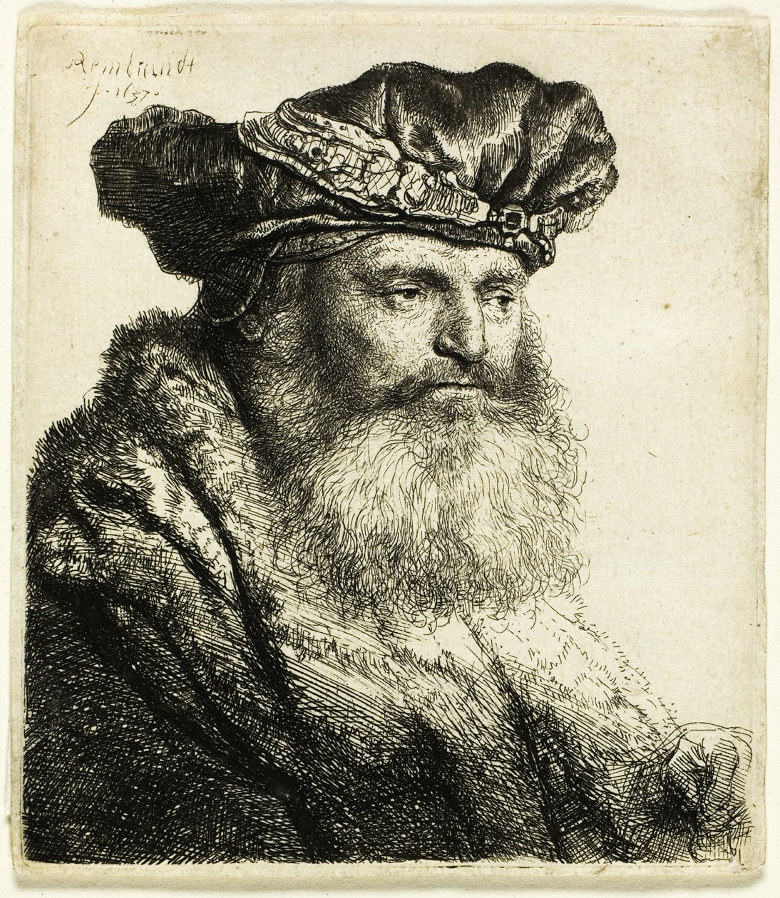 Parrakas mies samettilakissa jalokivilukolla tekijältä Rembrandt van Rijn