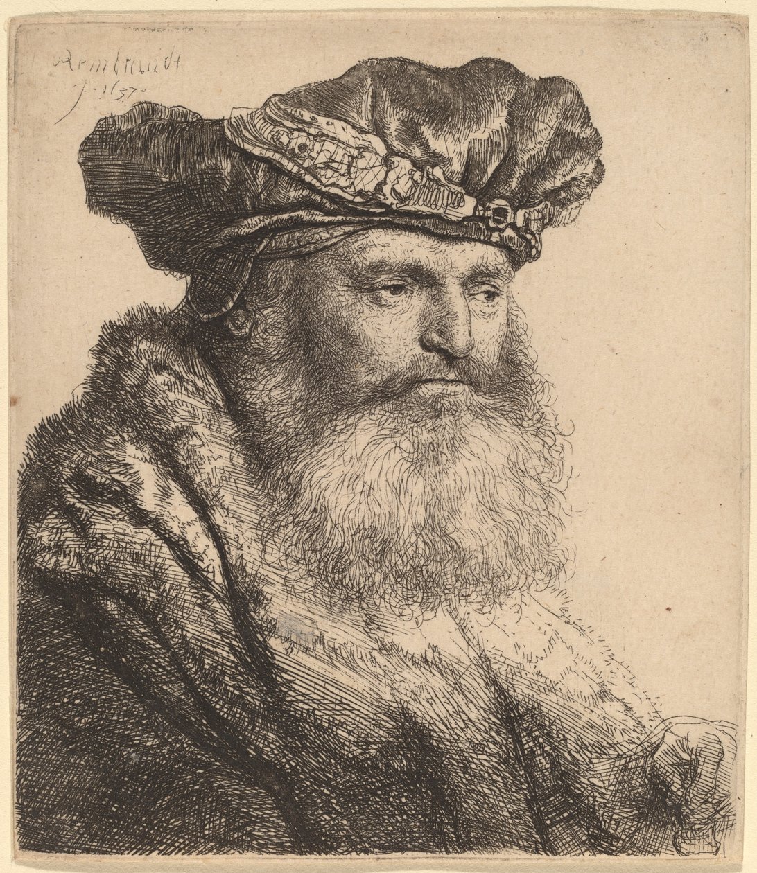 Parrakas mies samettilakissa jalokivilukolla tekijältä Rembrandt van Rijn