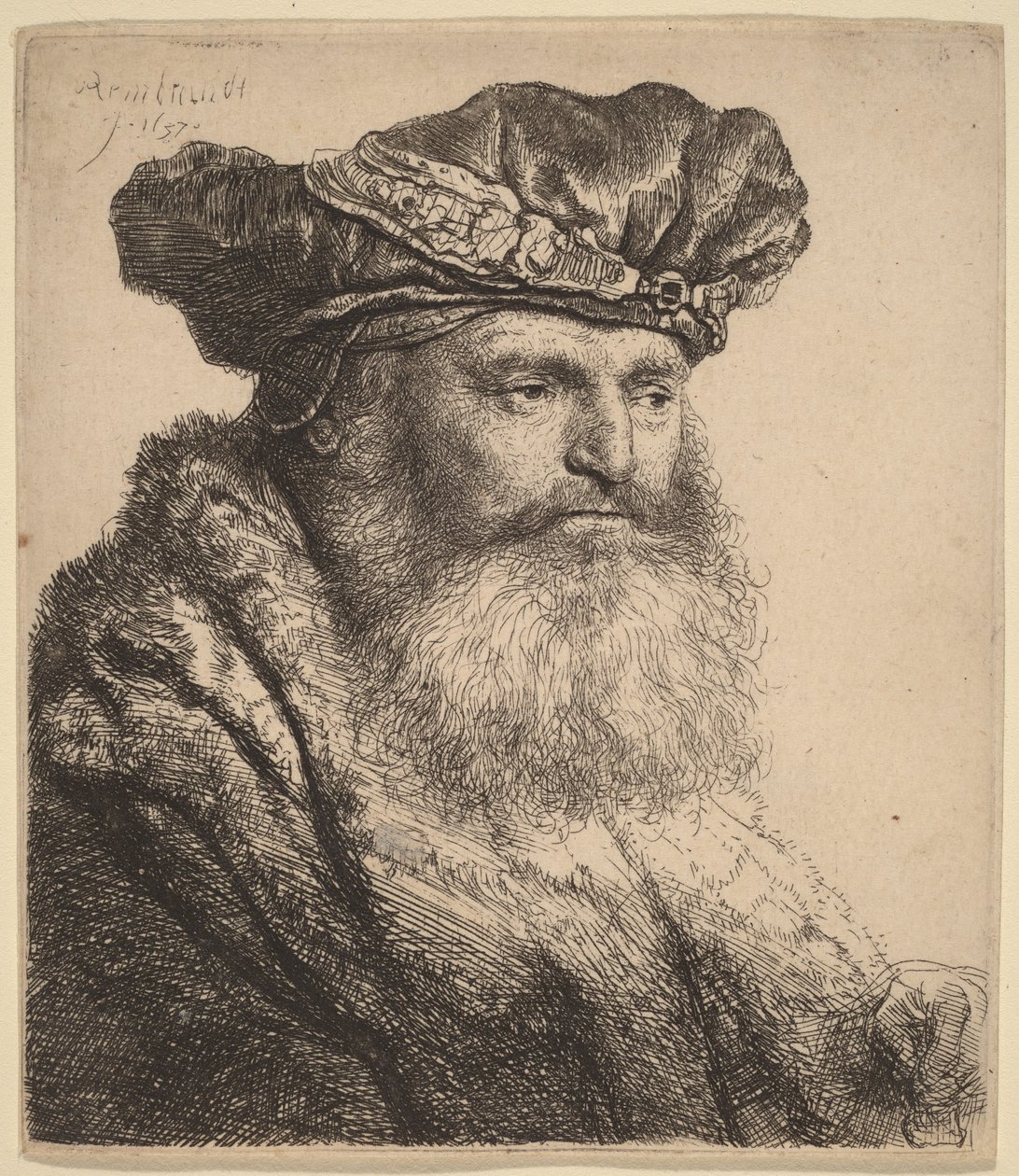 Parrakas mies, jolla on samettinen lippalakki, jossa on jalokivikoristeinen kiinnike tekijältä Rembrandt van Rijn