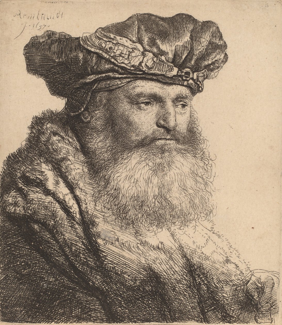 Parrakas mies samettilakissa jalokivilukolla, 1637 tekijältä Rembrandt van Rijn