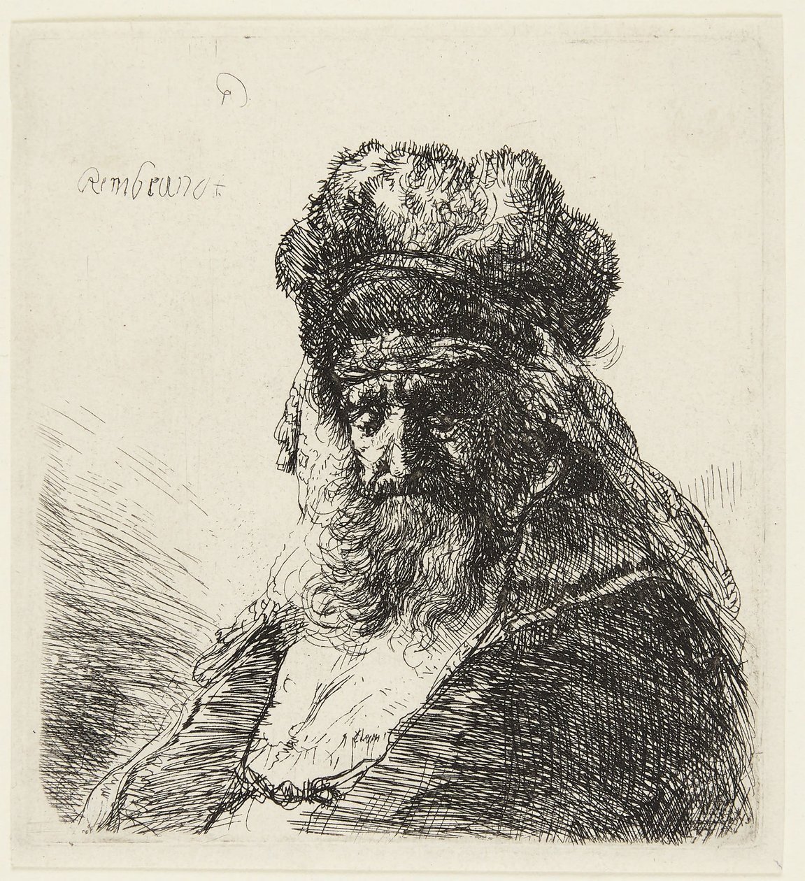 Parrakas vanha mies, jolla on korkea turkislakki ja silmät kiinni tekijältä Rembrandt van Rijn