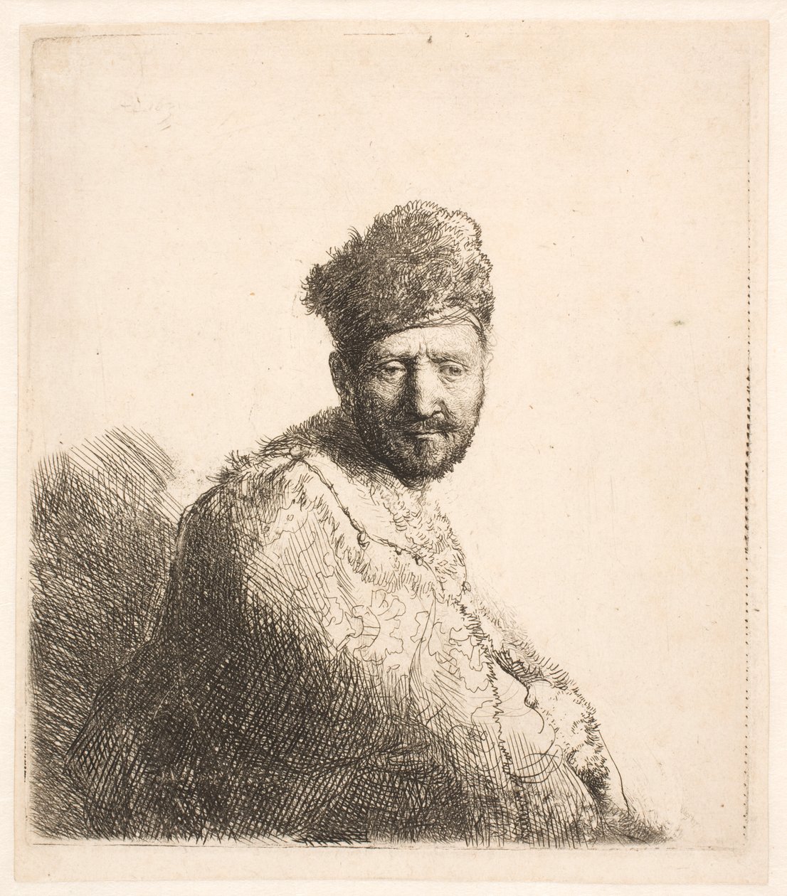 Parrakas mies (Rembrandtin isä) turkilla koristellussa itämaisessa lakissa ja kaapussa: puolivartalokuva tekijältä Rembrandt van Rijn