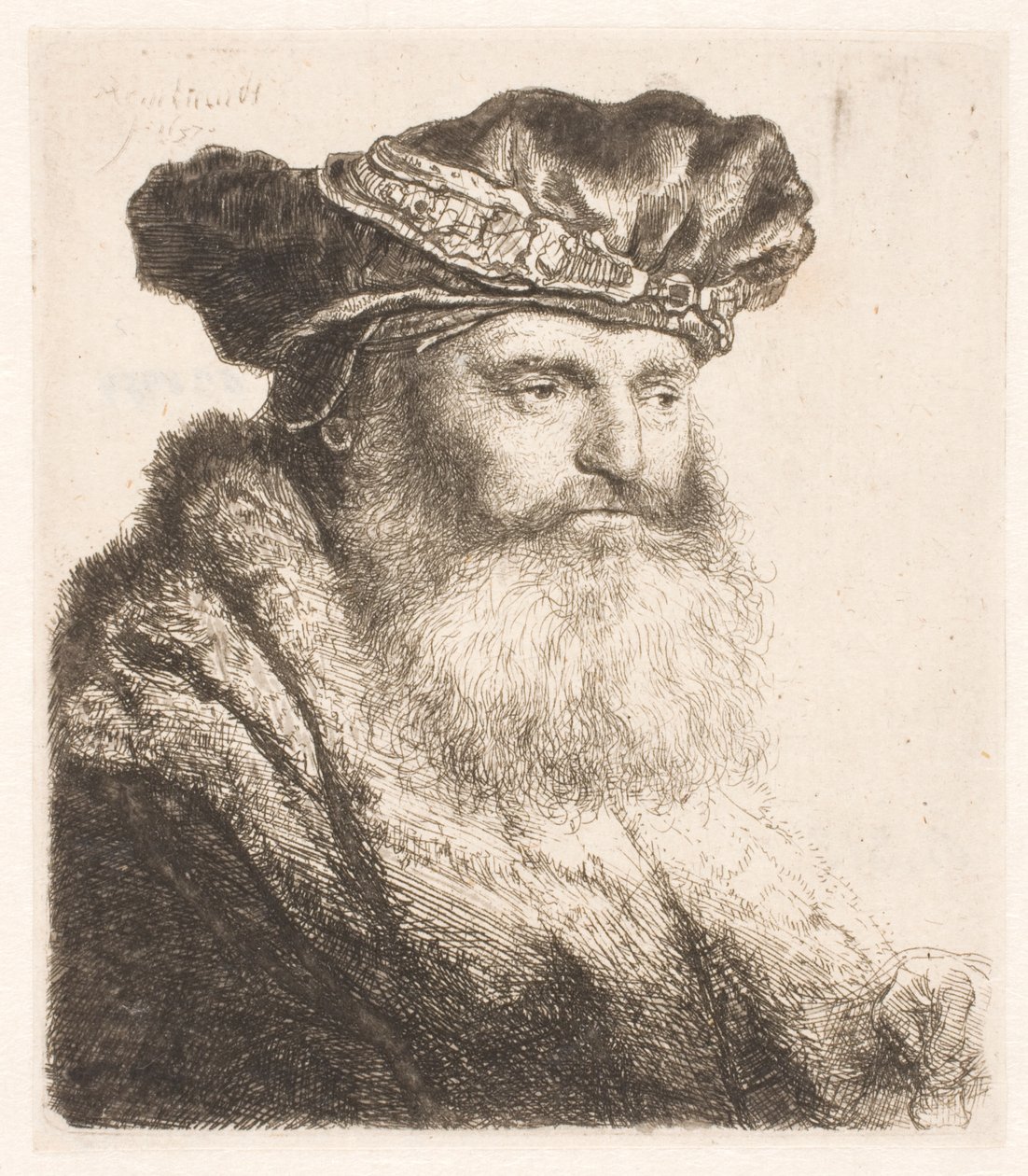 Parrakas mies yllään samettinen lippalakki jalokivilukolla tekijältä Rembrandt van Rijn