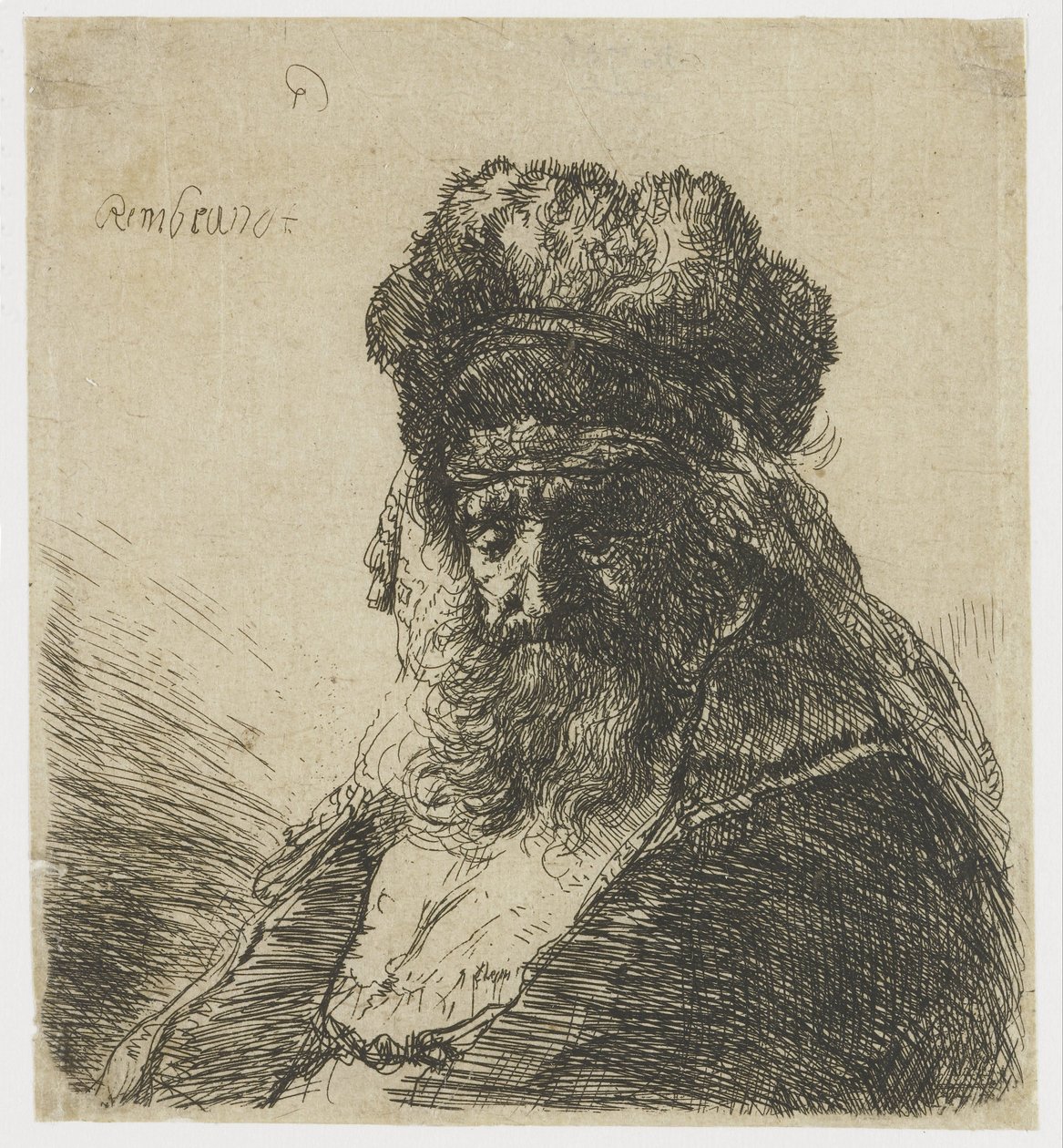 Parrakas vanha mies korkeassa turkislakissa, silmät kiinni tekijältä Rembrandt van Rijn