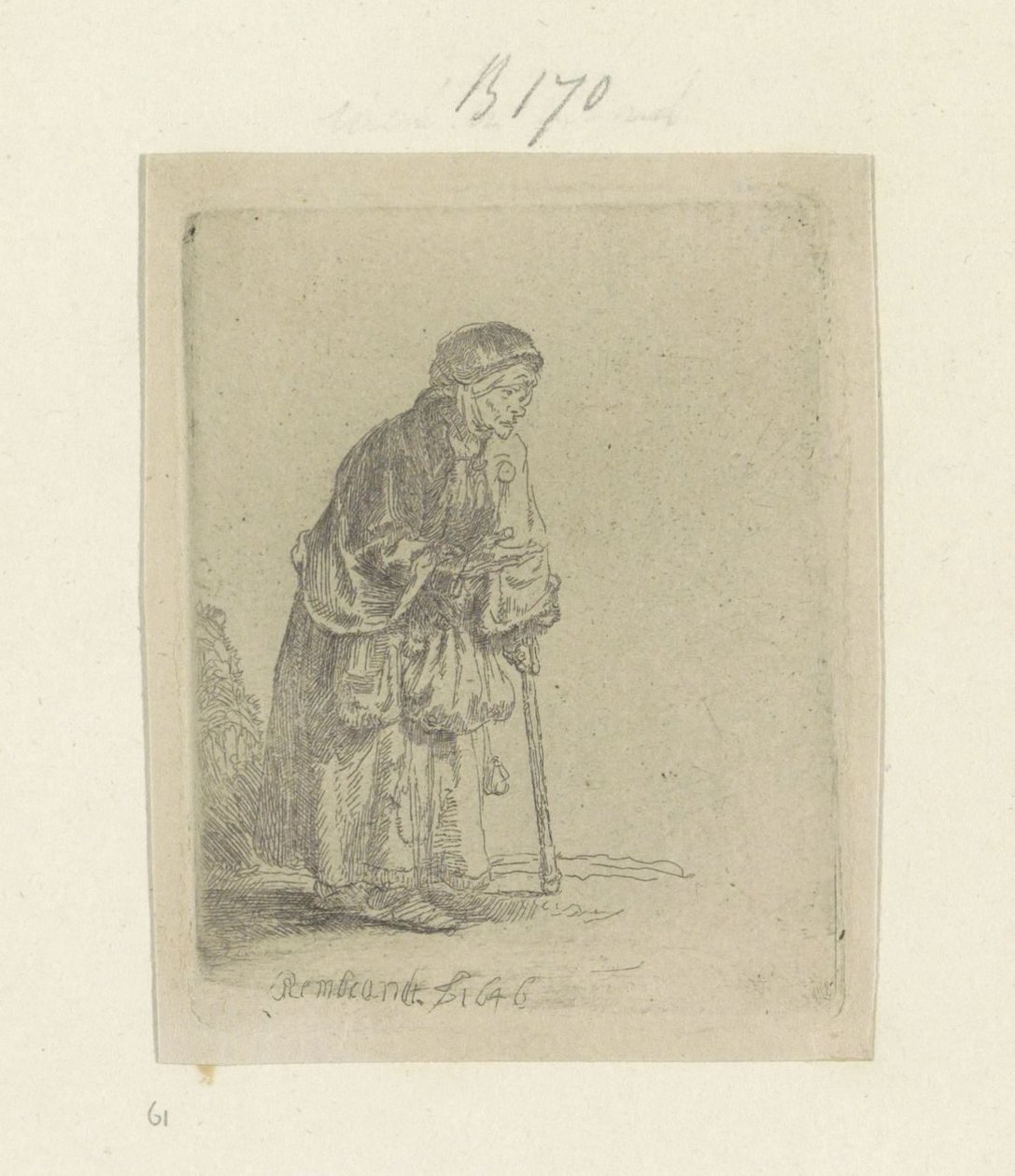 Kerjäläinen nainen, nojaten kepille, oikealle Recueil de quatre-vingt-cinq estampes originales (sarjan nimi) tekijältä Rembrandt van Rijn