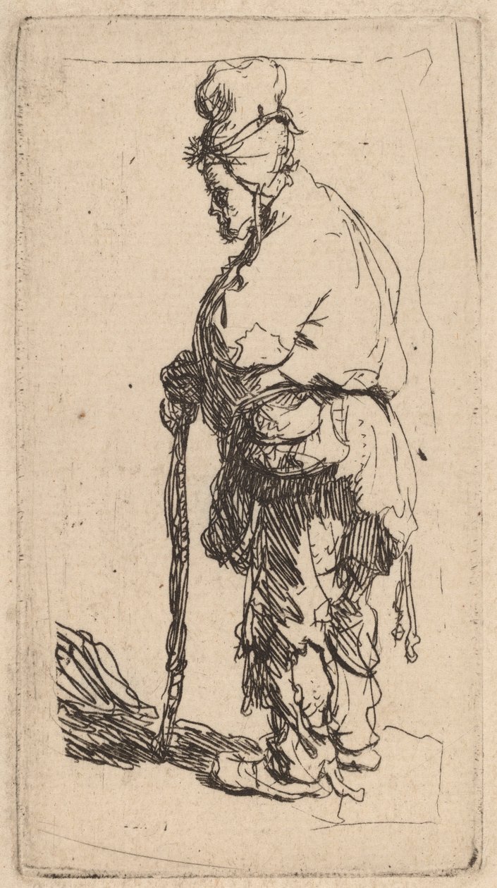 Kerjäläinen nojaten kepille, kasvot vasemmalle tekijältä Rembrandt van Rijn